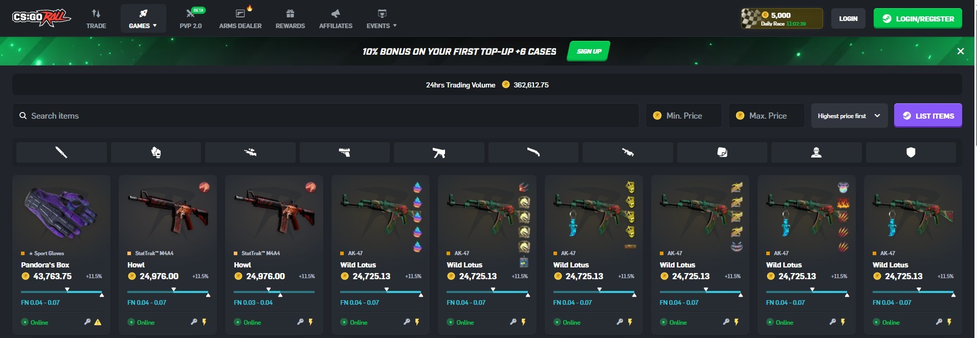 CS2-style case opening interface with weapon skin reveals